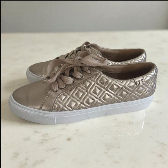 TORY BURCH Gold Leather Low Top Sneakers Size 10 - Picture 1 of 9